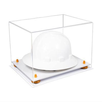Better Display Cases Acrylic Large Helmet - Hard Hat Display Case with Clear Case, Orange Risers and White Base 15.25" x 12" x 9" (A082/V13)