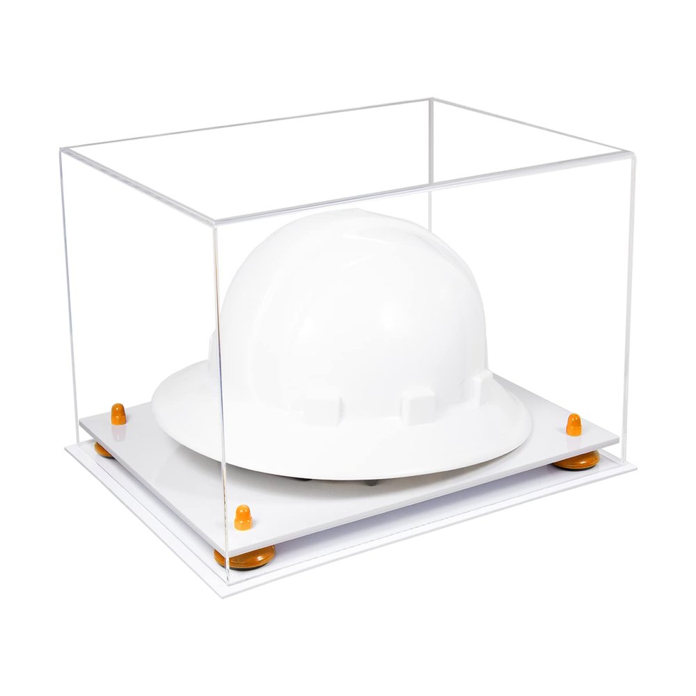 Better Display Cases Acrylic Large Helmet - Hard Hat Display Case with Clear Case, Orange Risers and White Base 15.25" x 12" x 9" (A082/V13)