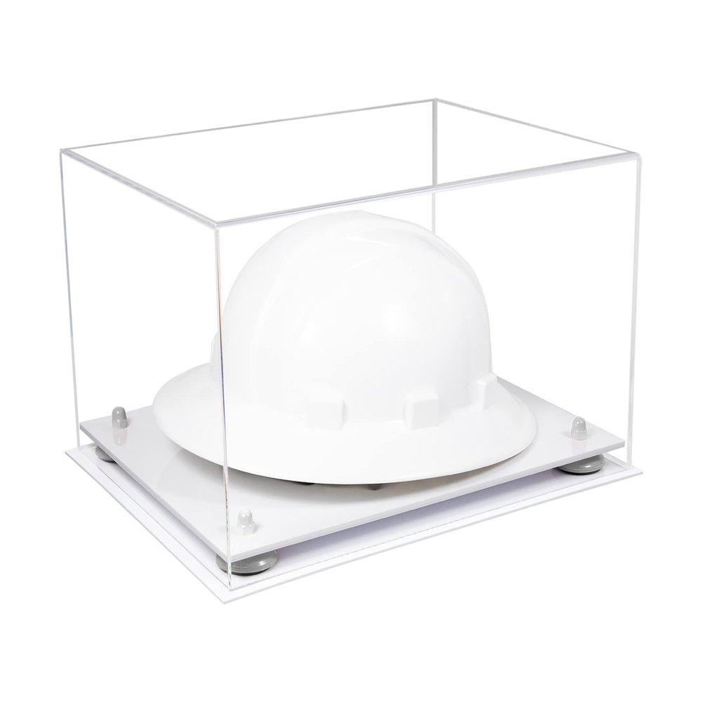 Better Display Cases Acrylic Large Helmet - Hard Hat Display Case with Clear Case, White Risers and White Base 15.25" x 12" x 9" (A082/V13)