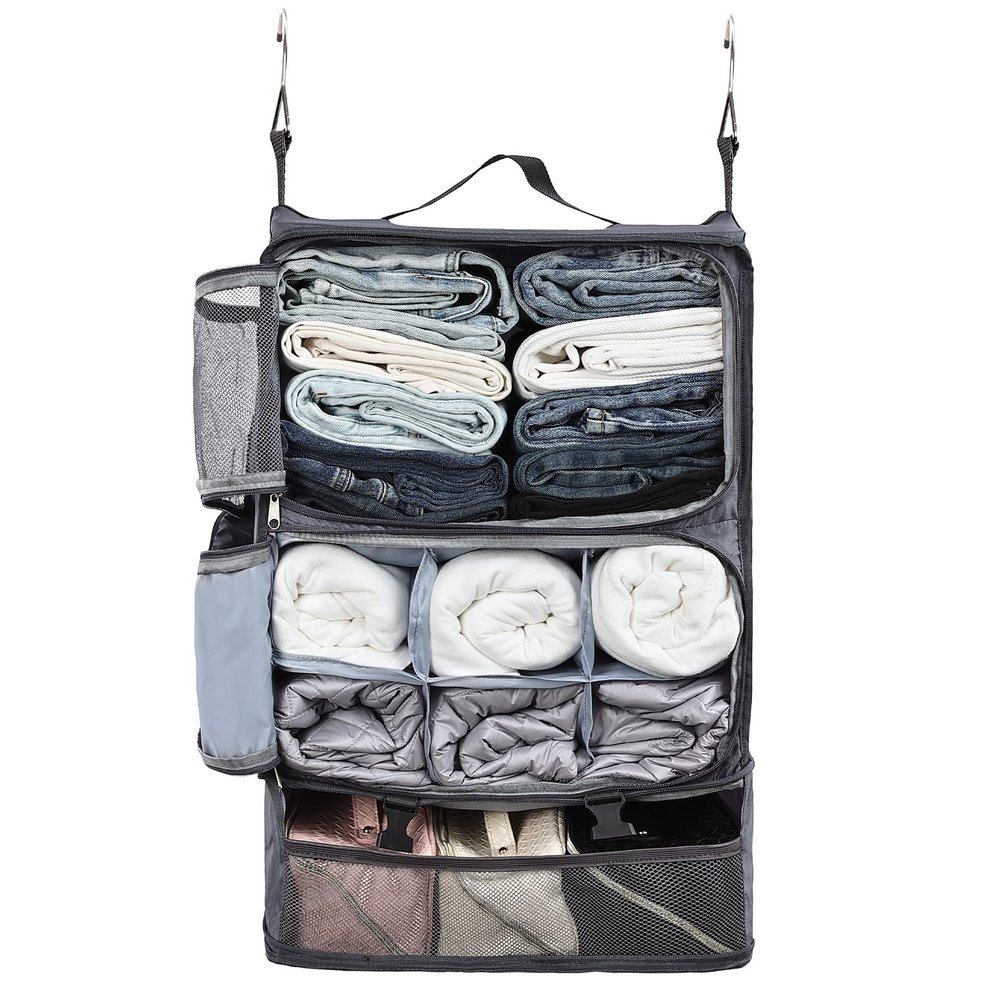 Surblue Hanging Travel Shelves Compression Packing Cube for Carry-on Luggage Suitcase Collapsible with Extension Layer Large Capacity, Grey, XXL