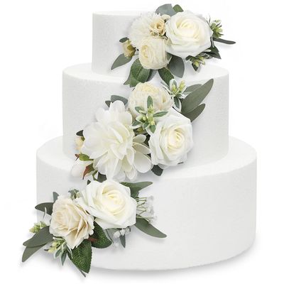 Rinlong 3Pcs Pre-made Cake Flowers Toppers White Green Cake Decorations Wedding Cake Decorating Flowers Decor Birthday Baptism Party Cake Topper