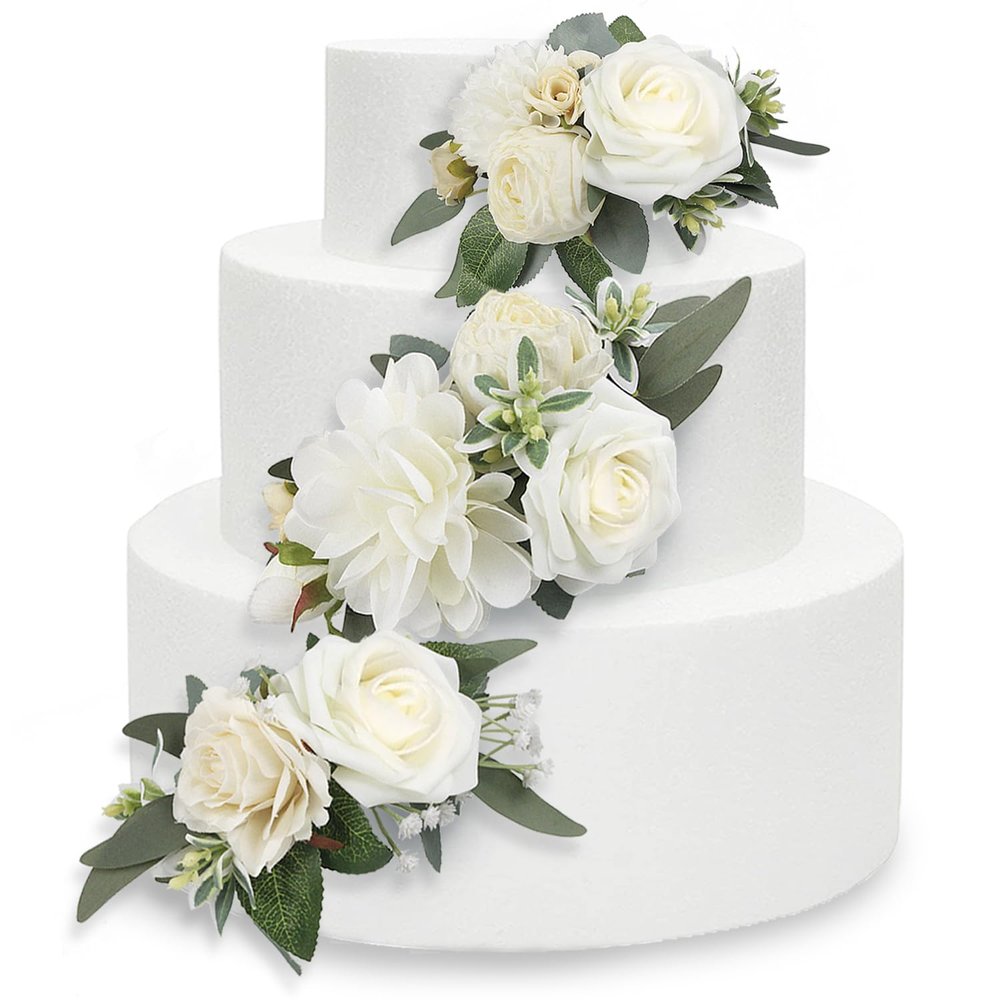 Rinlong 3Pcs Pre-made Cake Flowers Toppers White Green Cake Decorations Wedding Cake Decorating Flowers Decor Birthday Baptism Party Cake Topper