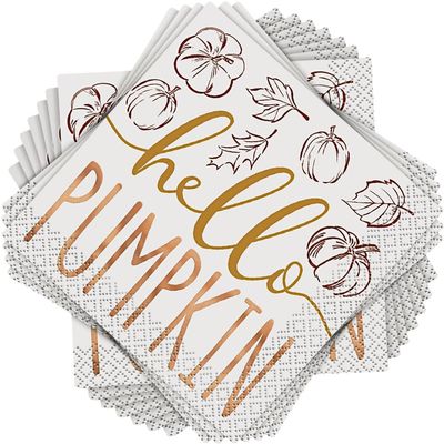Chic Thanksgiving "Hello Pumpkin" Beverage Foil Stamped Napkins - 16ct - Perfect for Fall Gatherings & Festive Celebrations
