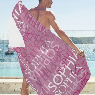 Artsadd Custom Beach Towel with Names, Customized Name Pink Shower Towel Personalized Bath Towel for Kids Girls Boys Bathroom Swimming Pool Accessories 30"X60" Small Towel