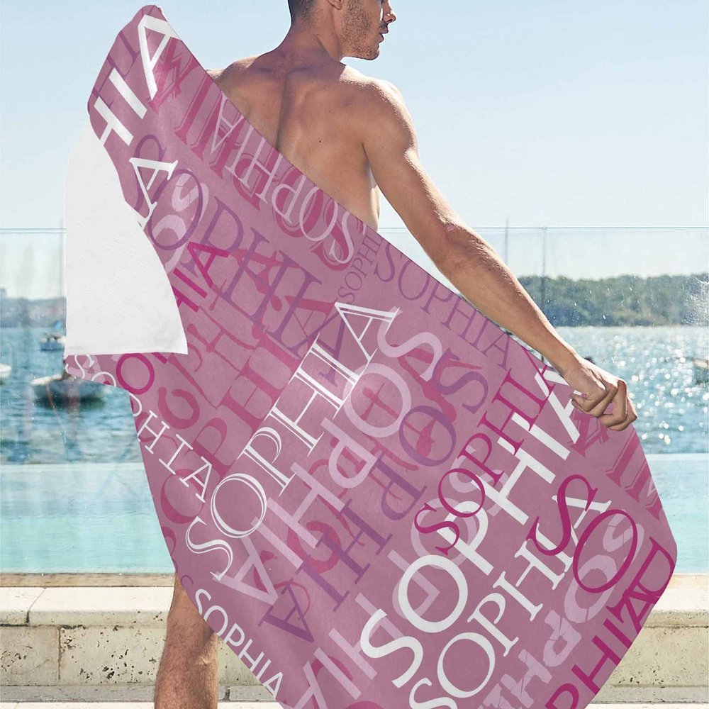 Artsadd Custom Beach Towel with Names, Customized Name Pink Shower Towel Personalized Bath Towel for Kids Girls Boys Bathroom Swimming Pool Accessories 30"X60" Small Towel