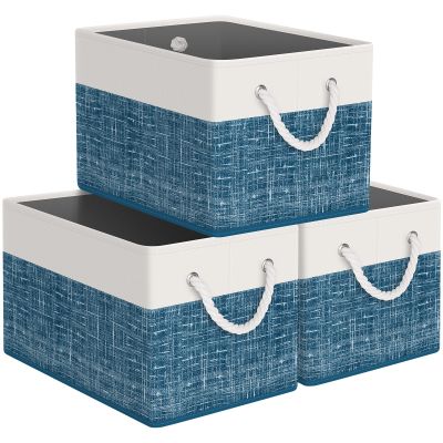StorageTastic Storage Bin,Collapsible Storage Basket For Organizing,Large Storage Boxes With Rope Handles,Storage Containers,White & Blue,3 Pack
