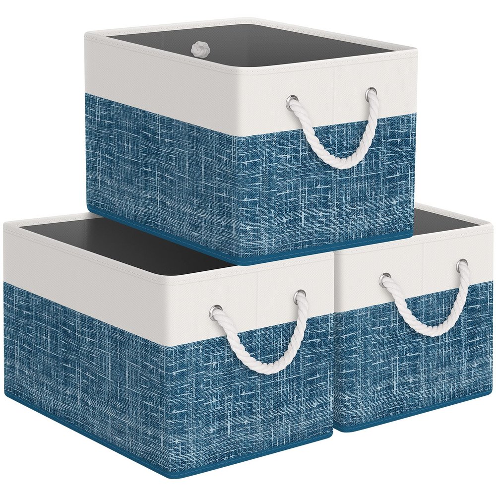 StorageTastic Storage Bin,Collapsible Storage Basket For Organizing,Large Storage Boxes With Rope Handles,Storage Containers,White & Blue,3 Pack