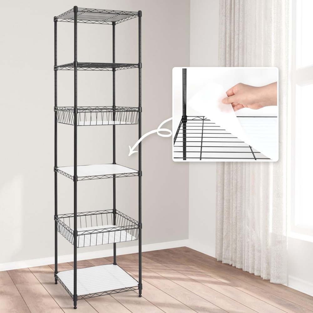 CAPHAUS NSF Wire Shelving Unit w/Baskets & Liner, Storage Rack Corner Shelves, Storage Rack Kitchen, Bathroom, Laundry Closet, Wire Shelving Basket Shelves, Black, 6 Tier
