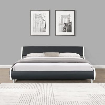 AnwickmakKing Size Faux Leather Low Profile Upholstered Platform Bed Frame with Curved Headboard, Wave-Like Design, Wood Slat Support, No Box Spring Needed, Easy Assembly (White Black)