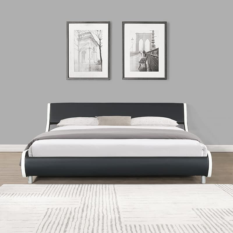 AnwickmakKing Size Faux Leather Low Profile Upholstered Platform Bed Frame with Curved Headboard, Wave-Like Design, Wood Slat Support, No Box Spring Needed, Easy Assembly (White Black)