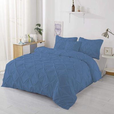 1Pcs Pinch Pleated Comforter Premium Super Soft 400 GSM All Season Pintuck 1000 Thread Count 100% Egyptian Cotton Oversized Super King Size (120" x 98") Inch - Medium Blue Pinch