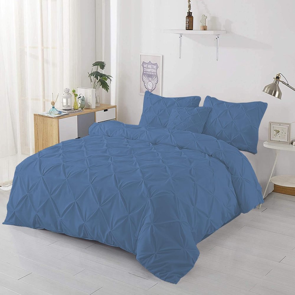 1Pcs Pinch Pleated Comforter Premium Super Soft 400 GSM All Season Pintuck 1000 Thread Count 100% Egyptian Cotton Oversized Super King Size (120" x 98") Inch - Medium Blue Pinch