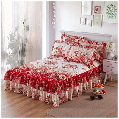 OTBK 3-Pieces Ruffle Bed Skirt Queen Floral Quilted Bedspread Set with 2 Pillow Shams Wrap Around Easy Fit Design (Color : A, Size : 150x200cm)