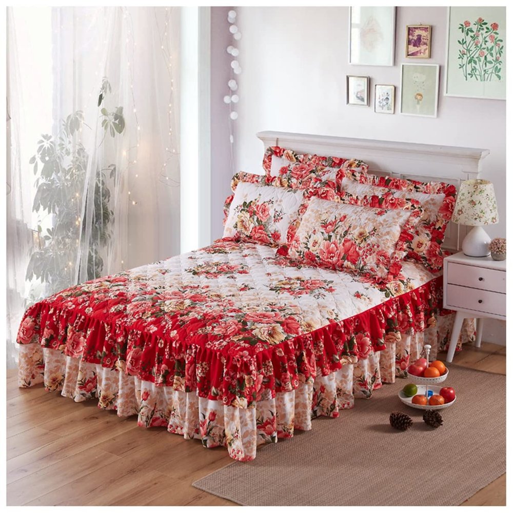 OTBK 3-Pieces Ruffle Bed Skirt Queen Floral Quilted Bedspread Set with 2 Pillow Shams Wrap Around Easy Fit Design (Color : A, Size : 150x200cm)