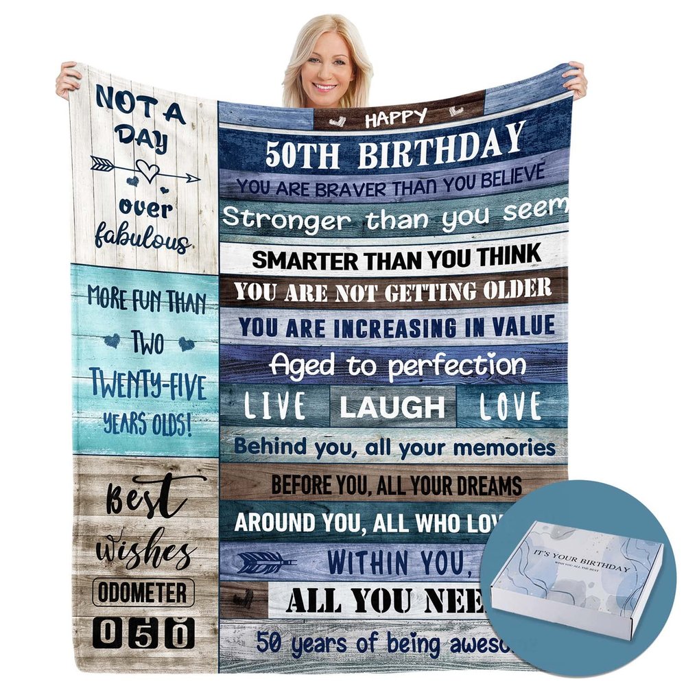 Budalagong 50th Birthday Gifts for Men Women with Gift Box, Gifts for Women Men Turning 50, Men's 50th Birthday Gift Ideas, 60/''x50/'' Blanket Birthday Decorations for Her or Him (Wood Grain), 60x50