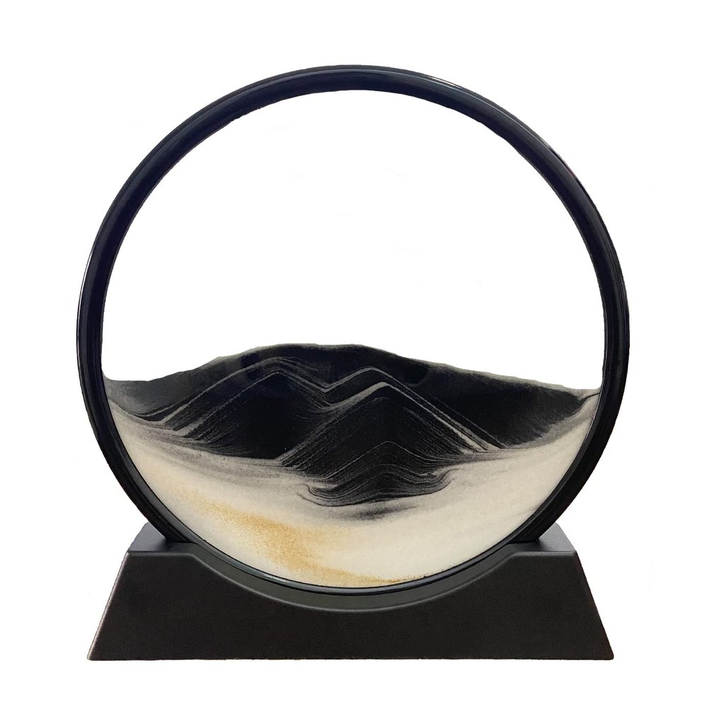 12inch, Black and White 3D Dynamic Sand Art Liquid Motion, Moving Sand Art Picture Round Glass 3D Deep Sea Sandscape in Motion Display Flowing Sand Frame Relaxing Desktop Home Office Work Decor