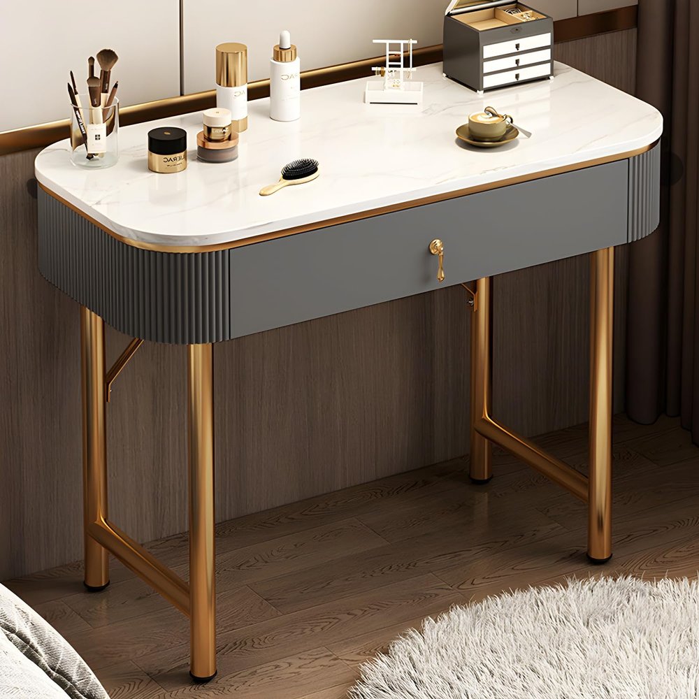 KWOKING Mid-Century Modern Manufactured Wood Bedroom Metallic Frame Legs with Drawer Makeup Vanity Set Dressing Table Bedroom Small Apartment Ins Dressing Table Dressers Grey 31" L x 16" W x 30" H