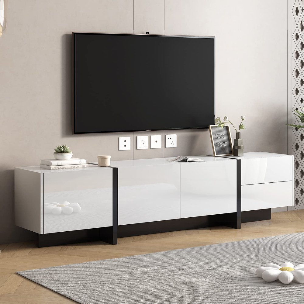 74.8'' High Gloss UV Surface Entertainment Center, Minimalist TV Stand for up to 80 Inch TV, Wood Gaming Media Console Table, Simple & Stylish Living Room Furniture, Sturdy and Durable, White