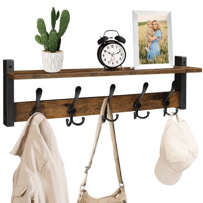 Homode Rustic Brown Wall Mount Coat Rack with Shelf and 5 Tri Hooks, Wood Coat Hangers for Hanging Hat, Towel, Purse, Jacket