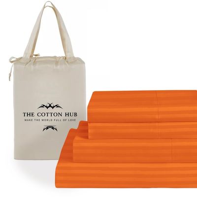 Queen Size 6-Piece Sheet Set 1000 Thread Count Authentic Combed Cotton Bed Sheets fits up to 14-16 inch Deep Pocket (Stripe, Orange)
