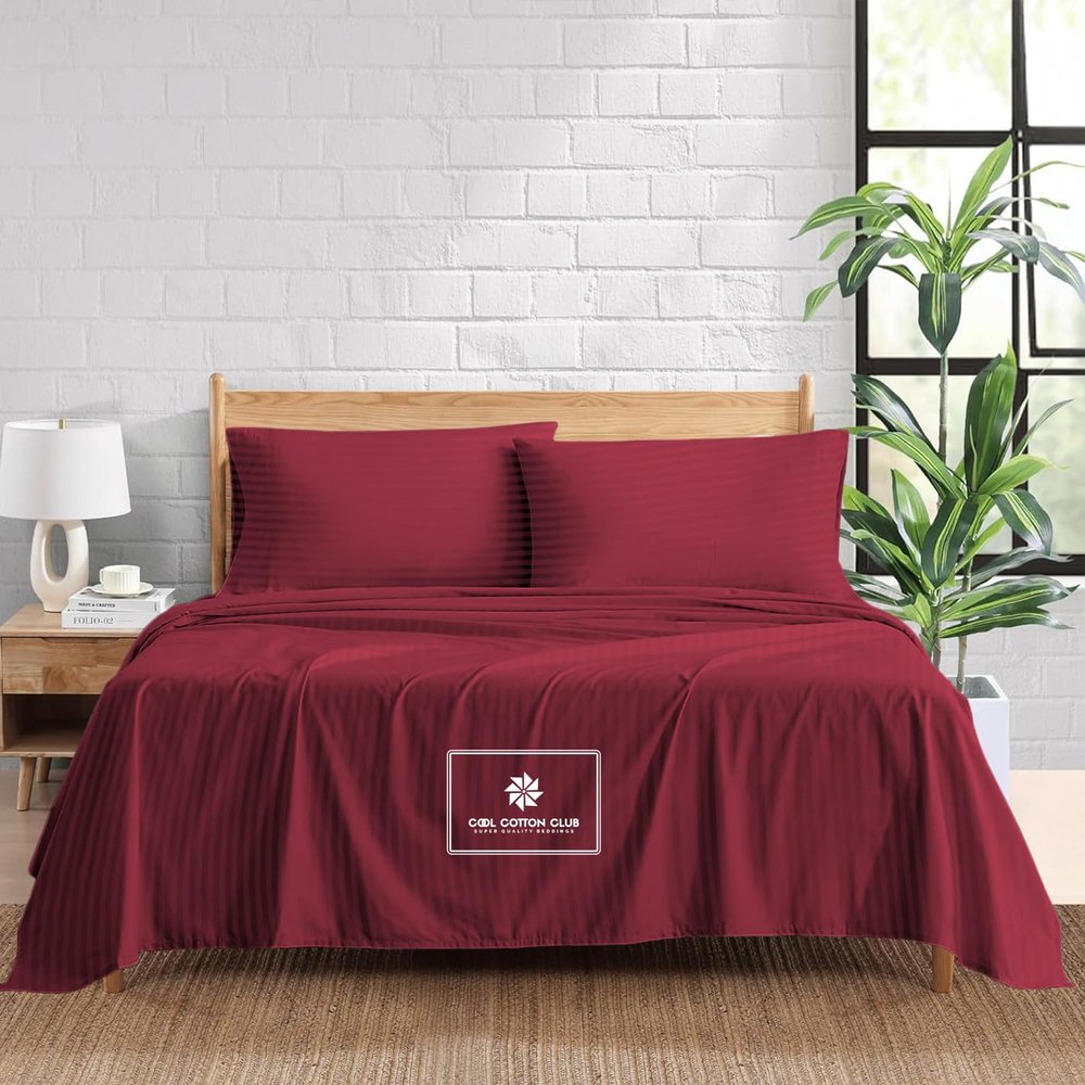 4-Piece Sheet Set King Size, Sleep Better Than Ever with These Ultra-Soft & Cooling, Certified 1200-TC Egyptian Cotton Best Sheets fits up to 22-24" Deep Pocket (Stripe, Burgundy)