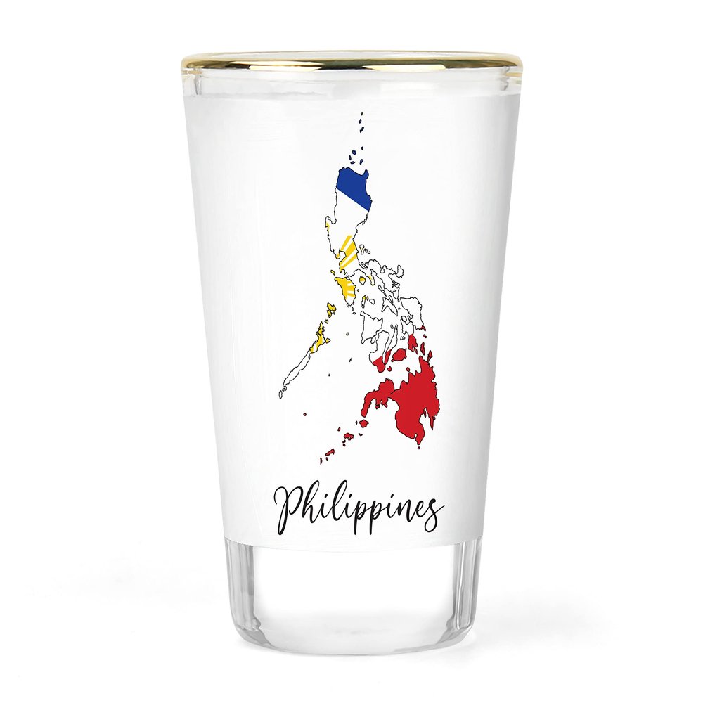 Bella Badge Designs Philippines Shot Glass  Gold Rim Philippine Map & Flag Design  Filipino Barware Souvenir  1.5 oz Collectible Gift for Filipino Pride