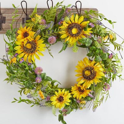 Factory Direct Craft Artificial Sunflower Fern and Thistle Wreath Summer Decor and Centerpiece Display (18" Dia)