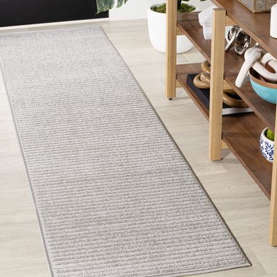 JONATHAN Y Aarhus High-Low Striped Indoor/Outdoor Runner Rug 2x8, Gray/Ivory, Minimalist Geometric, Classic, Farmhouse, Cottage, Minimalist, Bedroom, Kitchen, Living Room, Non Shedding (SCN102D-28)