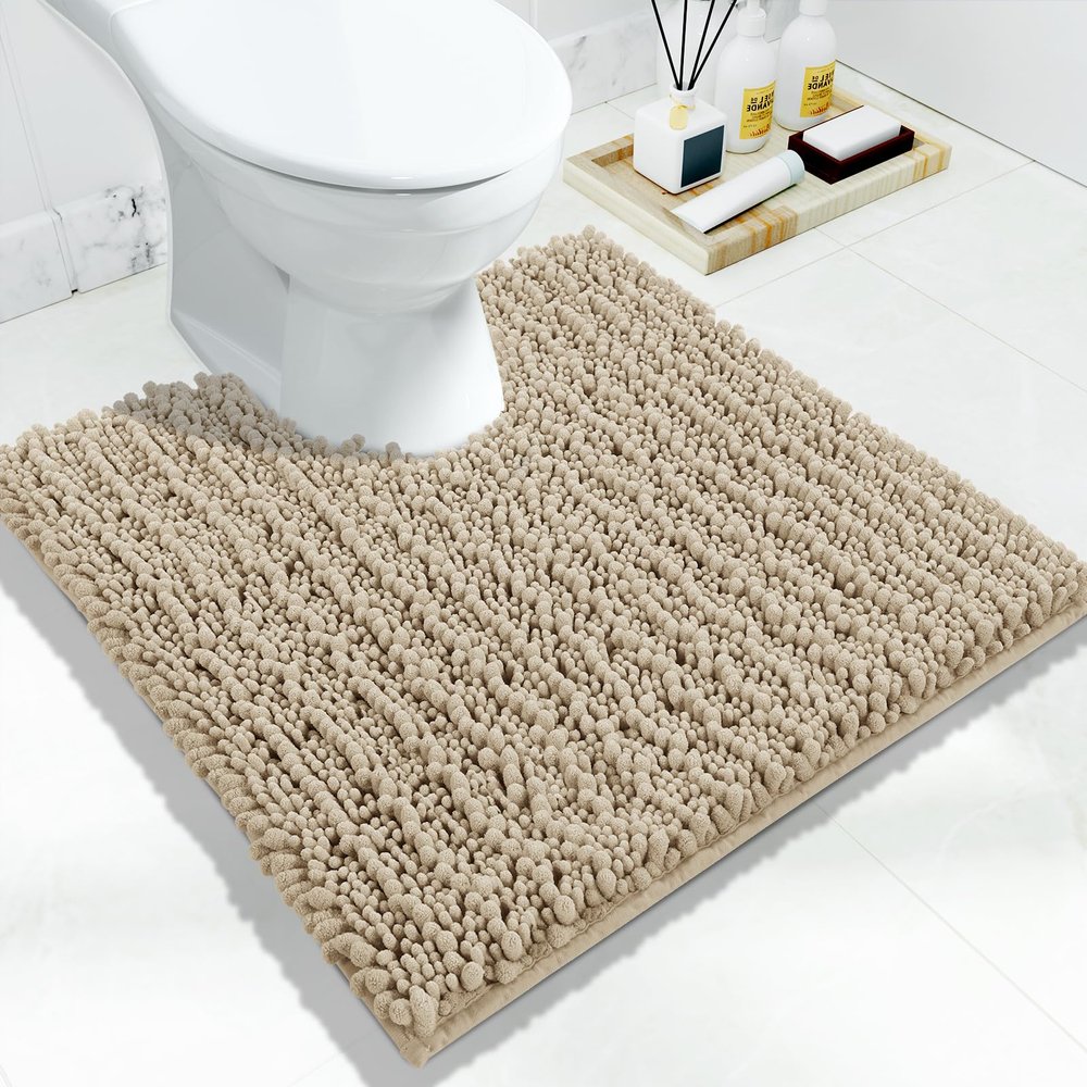 Yimobra Toilet Rug U Shaped Washable 24x24 Inch - Ultra Soft Absorbent Chenille Bath Rugs for Toilet, Quick Dry & Machine Washable, Non Slip Contour Bathroom Mat, Pale Khaki