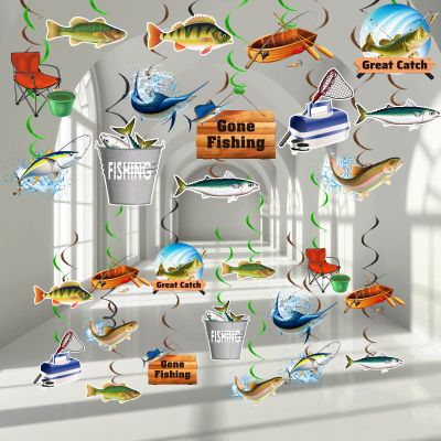 60Pcs Gone Fishing Birthday Party Decorations Supplies Fishing Banner Garland Fish Hanging Swirl Ceiling Streamers Fish Paper Cutouts Signs Decor Freshwater Competition Tournament Retirement Barbecue