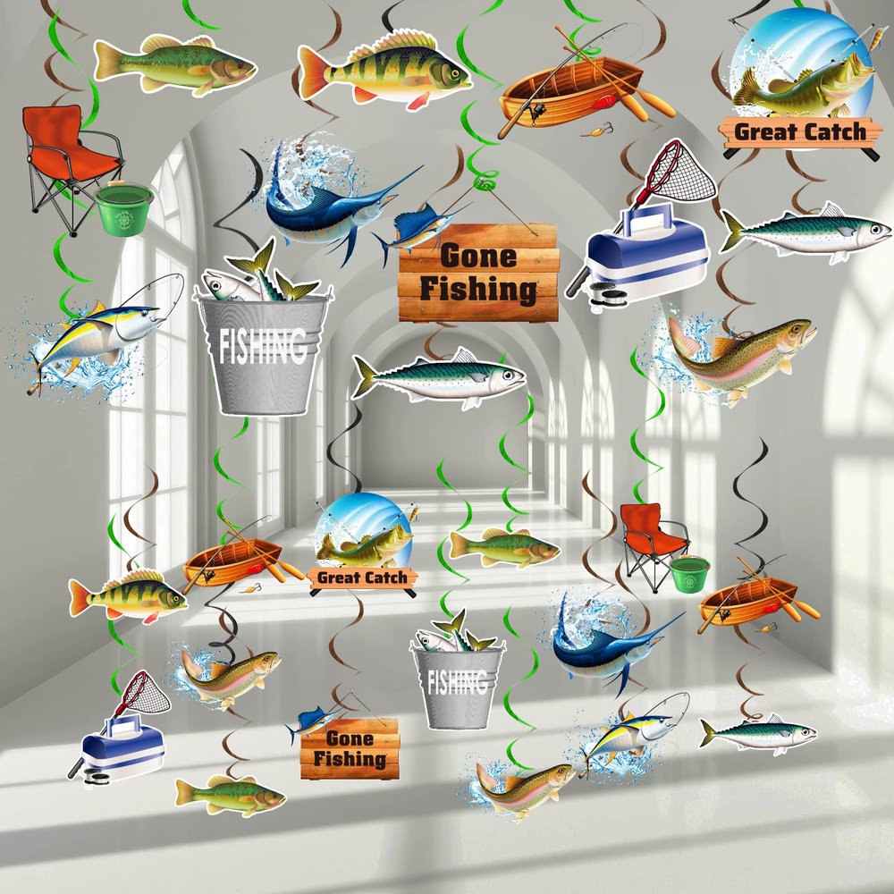 60Pcs Gone Fishing Birthday Party Decorations Supplies Fishing Banner Garland Fish Hanging Swirl Ceiling Streamers Fish Paper Cutouts Signs Decor Freshwater Competition Tournament Retirement Barbecue