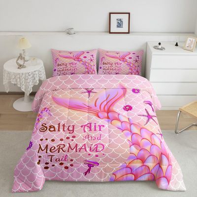Mermaid Tail Comforter Set for Kids,Full Size Mermaid Bedding Sets for Girls,Gradient Rainbow Fish Scale Quilt Set,Pink Watercolor Sealife Seahorse Nautical Duvet Insert with 2 Pillowcases