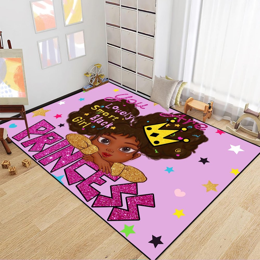 Black Girl Area Rug for Bedroom Cute African Girls Floor Rugs for Bedroom Large Rug Purple Decor for Teen Living Room Soft Floor Carpet Girls Room Mat, 5'7'