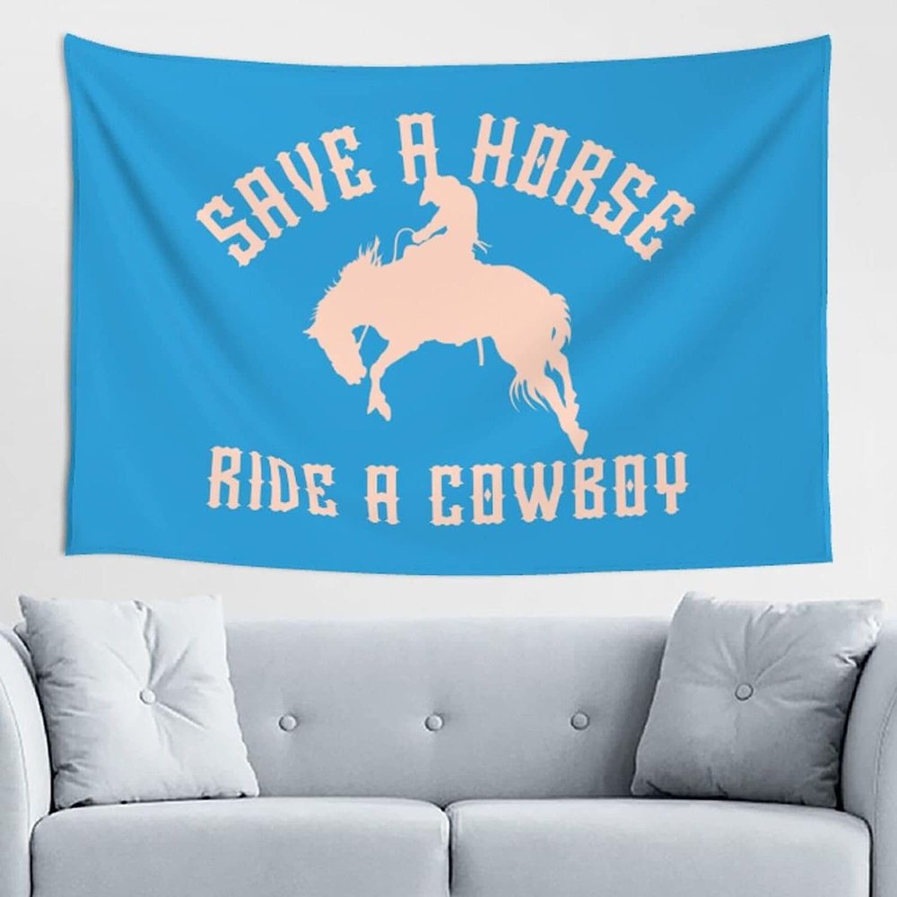 Western Horse Tapestry for Bedroom Save A Horse Ride A Cowboy Tapestry Blue 60x40 Save A Horse Ride A Cowboy Banner for House Bedroom Living Room Wall Hanging Decor Banner Sign