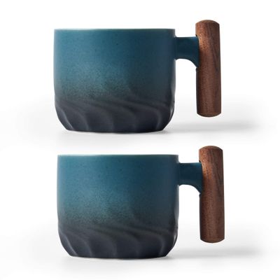 BlogBlog Ceramic Espresso Cups with Wooden Handle Espresso Shot Cups Ceramic Tea Cups Porcelain Demitasse Cups for Coffee or Tea, 2oz (blue, 2)