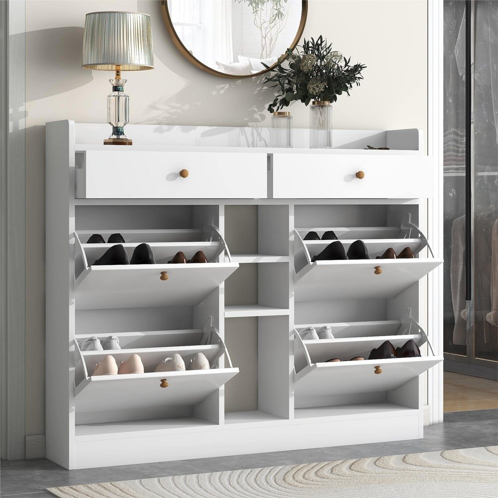 CEMKAR Modern Shoe Cabinet with 4 Flip Drawers, Multifunctional 2-Tier Shoe Storage Organizer with Drawers, Free Standing Shoe Rack for Entrance Hallway (White 4 Flap Drawers)