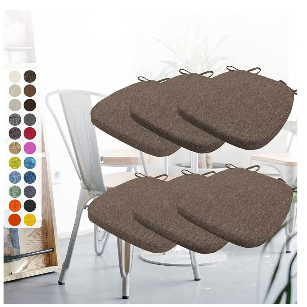 PIPOEI Set of 6 Chair Cushions with Ties, Washable Chair Cushions for Retro Chairs, Linen Seat Cushion for Home, Kitchen, Dining Room, Garden A-18