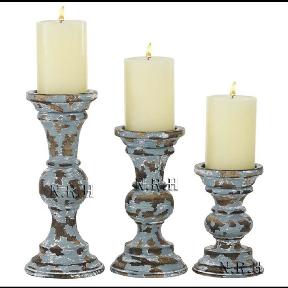 Grey Rustic Hand Carved Wooden Pillar Candle Holders - Set of 3 | Decorative Style | Crafted from Mango Wood | Rustic Table Centerpiece Decor |