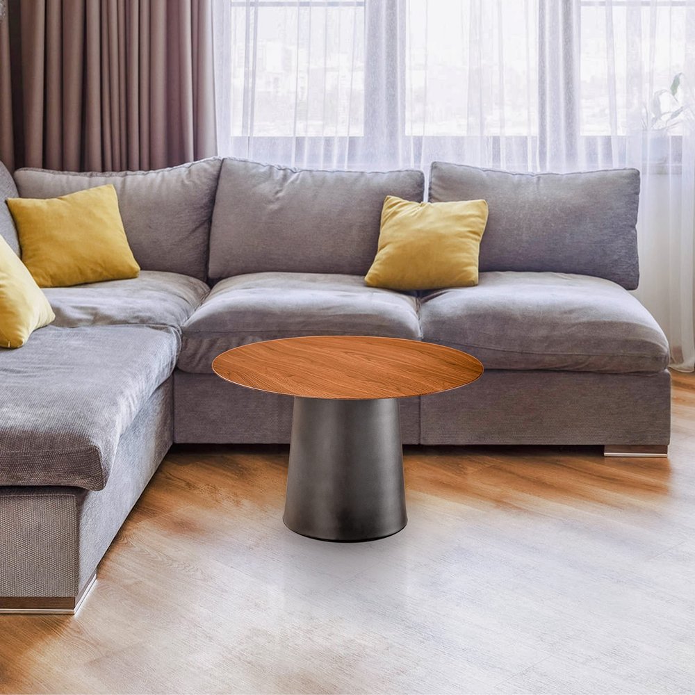 ALOADECOR W23.6 Walnut Veneer Mid Century Modern Metal Single Round Coffee Table for Living Room Bedroom