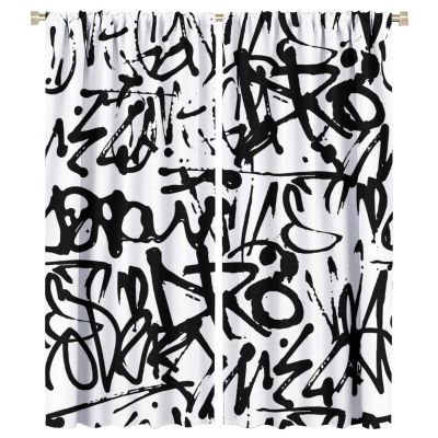 Printed Curtains, Graffiti Abstract Meaningless tag Letters Hand Painted Street Vintage Black Theme, Children Boys Teenagers Bedroom Living Room Decorative Curtains 2 Panels, 42x54 inch.