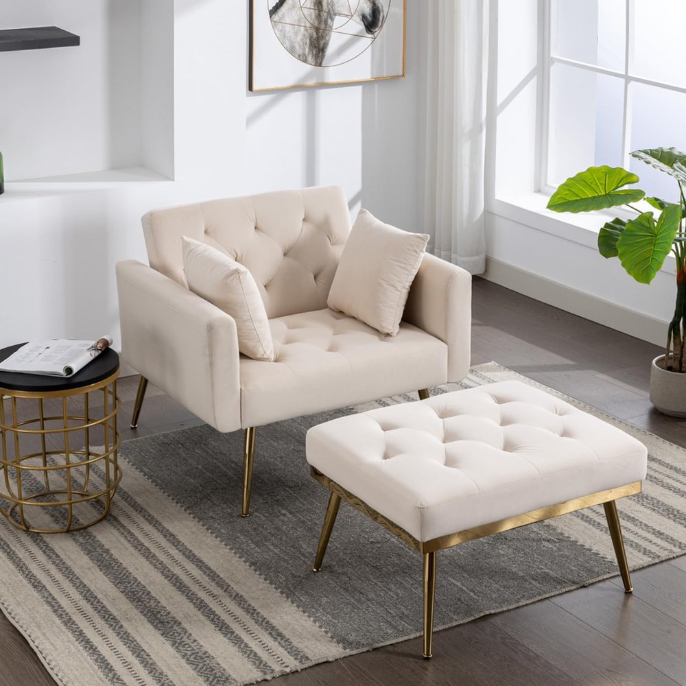 Anwickmak Chaise Lounge Chair with Ottoman,Indoor Modern Velvet Upholstered Arm Accent Chair, Recline Sofa Chair with Adjustable Backrest for Living Room Bedroom Indoor Set(Beige)