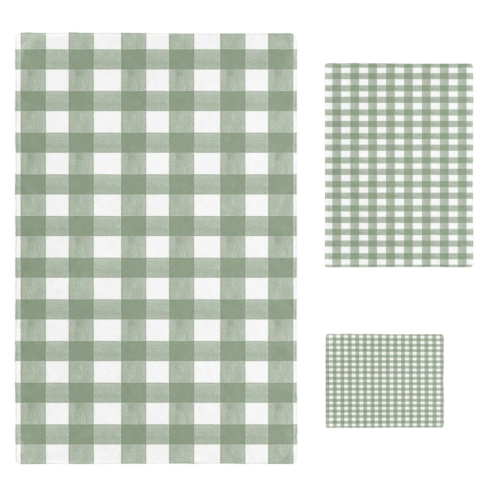 Green Buffalo Plaid 3 Piece Bath Towels Set, Geometric Striped Minimalist Art Soft & Absorbent Towel for Bathroom, Hotel (1 Bath Towel 30x60, 1 Hand Towel 16x28, 1 Washcloth 13x13)