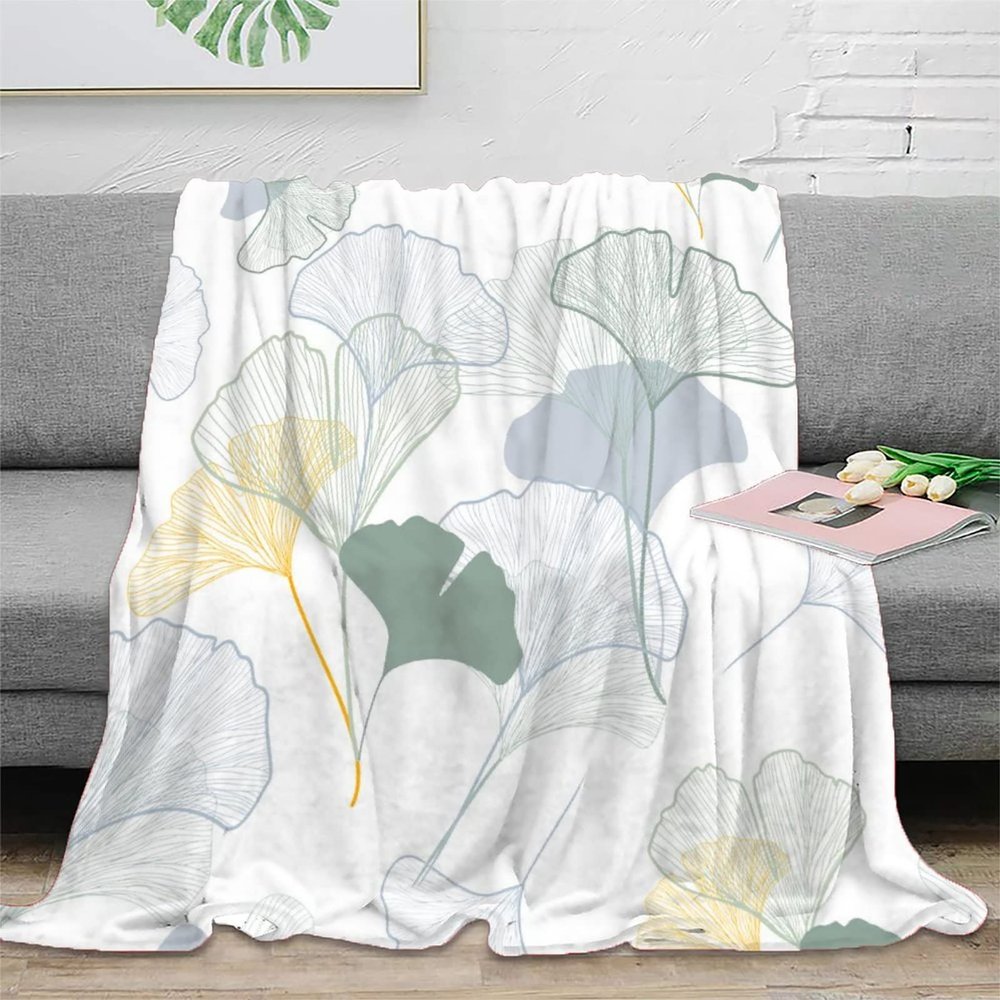 Abstract Ginkgo Leaves Throw Blanket for Couch,Rustic Watercolor Nature Green Yellow Plant Leaves Bed Blankets,Soft and Warm Blankets for Winter 60x80inch(150x200cm)