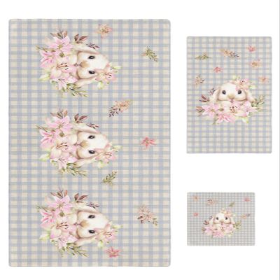 Easter 3 Piece Bath Towels Set, Bunny Spring Flowers Retro Burlap Blue Plaid Soft & Absorbent Towel for Bathroom, Hotel (1 Bath Towel 30x60, 1 Hand Towel 16x28, 1 Washcloth 13x13)