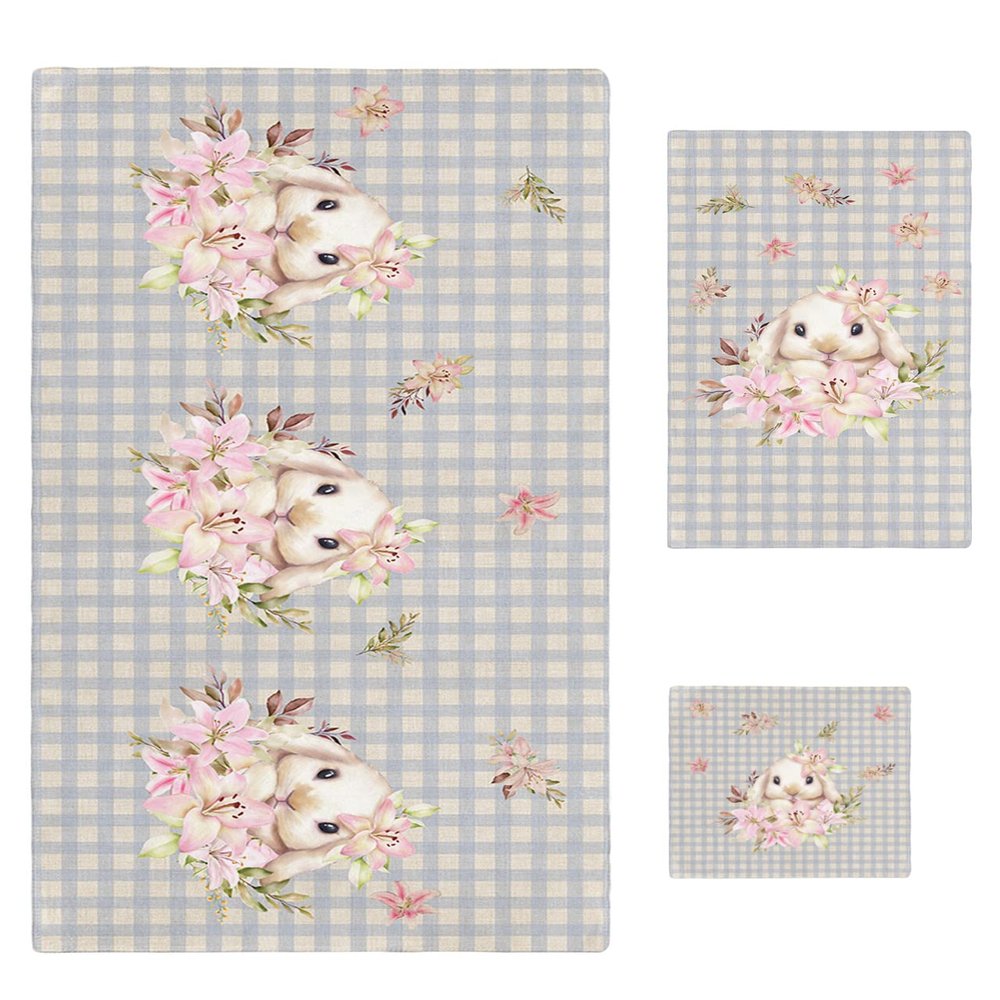 Easter 3 Piece Bath Towels Set, Bunny Spring Flowers Retro Burlap Blue Plaid Soft & Absorbent Towel for Bathroom, Hotel (1 Bath Towel 30x60, 1 Hand Towel 16x28, 1 Washcloth 13x13)