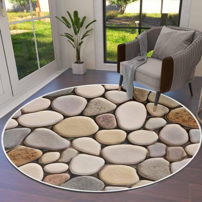 Marble Pebble Stone Round Area Rug 4ft,Washable Outdoor Indoor Carpet Runner Rug for Bedroom,Kitchen,Bathroom,Living Room,Area+Rug Large Bath Door Desk Floor Mat Abstract Brown Granite Agate Tiles
