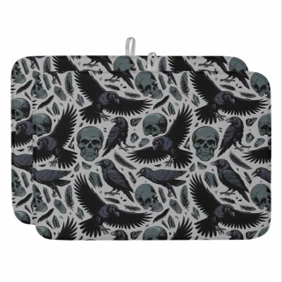 Halloween Dish Drying Mat for Kitchen Counter, Vintage Scary Black Skull Bat Butter-fly Piano Absorbent Reversible Dish Drainer Rack Mats for Coffee Bar Mats 16''x18'' 2 PCS