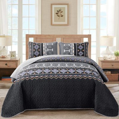 WONGS BEDDING Boho Quilt Set Queen,Black Grey Bedspread Coverlet Set with 2 Pillowcase,Lightweight Geometry Printed Bohemian Bedding Set 96"90"