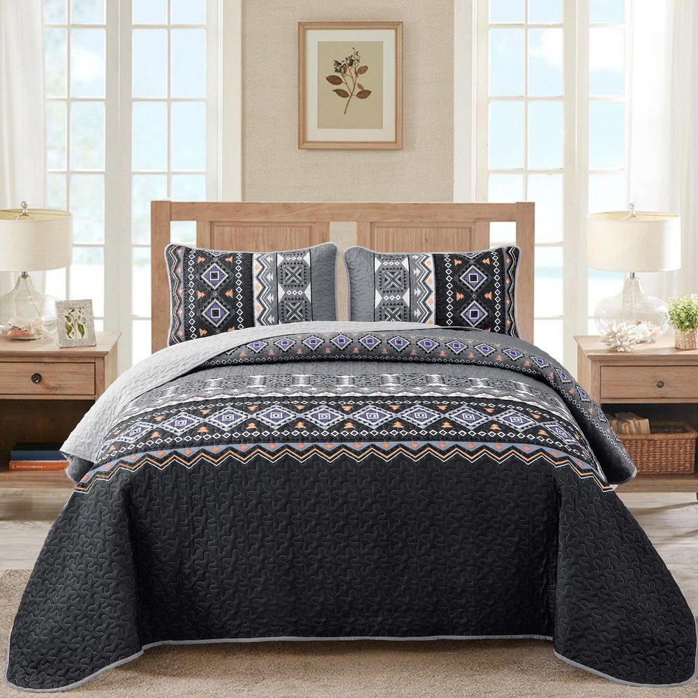 WONGS BEDDING Boho Quilt Set Queen,Black Grey Bedspread Coverlet Set with 2 Pillowcase,Lightweight Geometry Printed Bohemian Bedding Set 96"90"