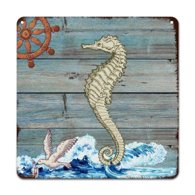 ArogGeld Nautical Coastal Seahorse Rudder Seagull Tin Sign Sea Wave Metal Wall Art Beach Themed Decorative Wall Art 10x10in Abstract Wall Art Decor for Home Outside Farm Garden Garage